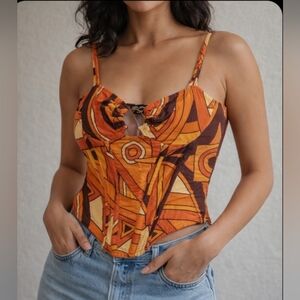PrettyLittleThing Orange & Brown Geometric Spaghetti Strap Crop Top